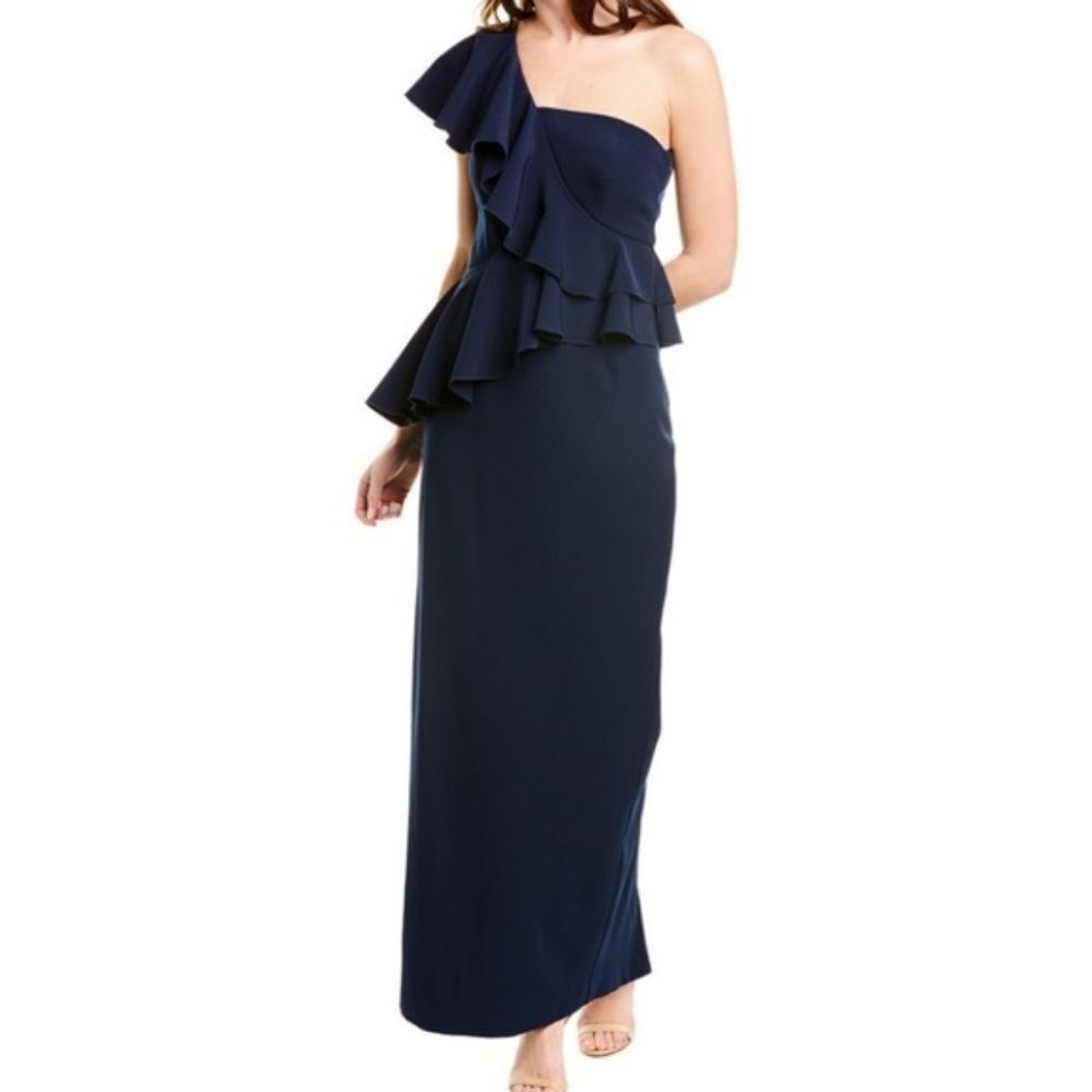 Trina Turk WATERFALL One Shoulder Gown Dress Navy Sz 12 NWT